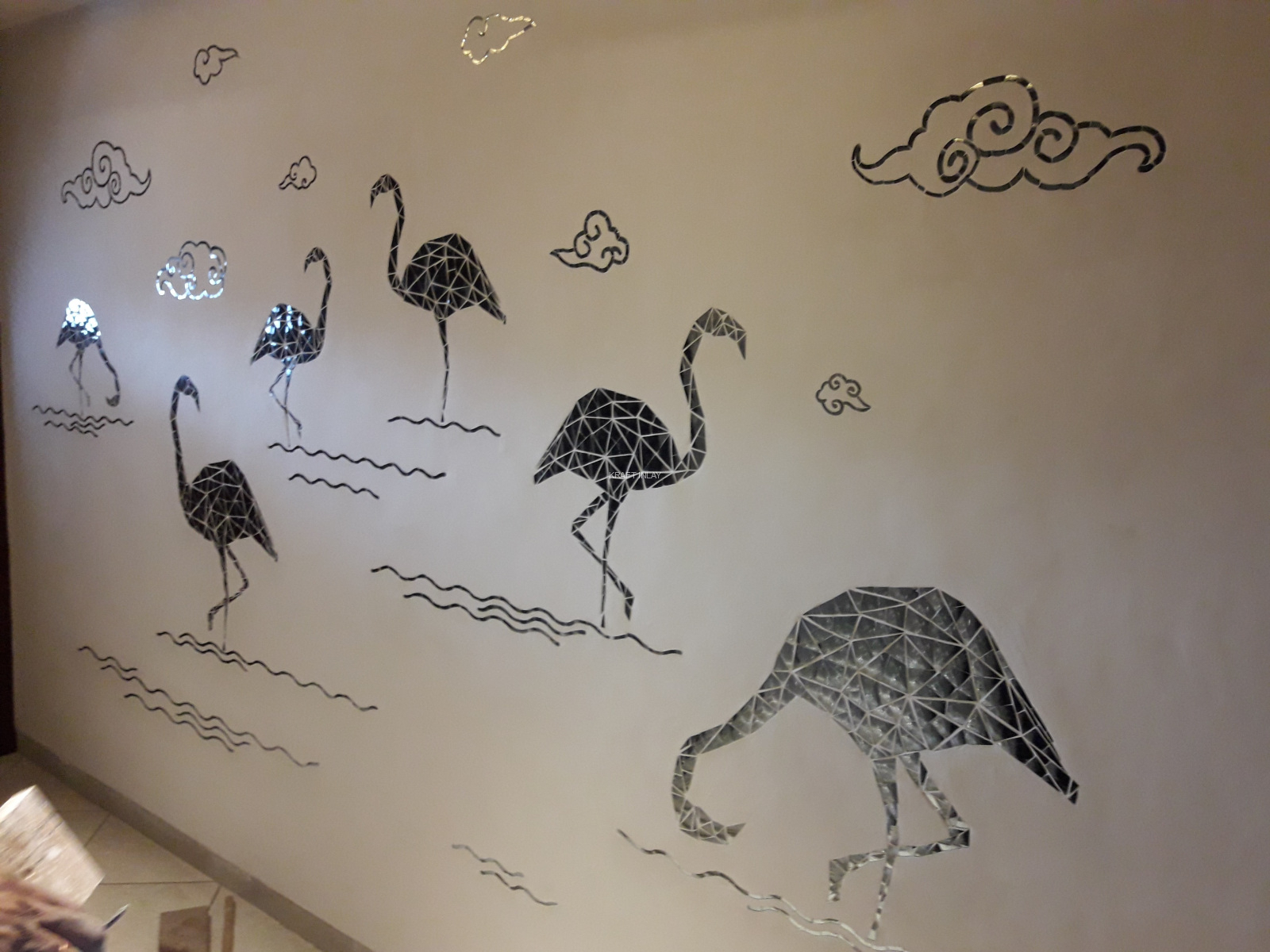 Handcrafted Thikri Glass Inlay Mural — Flamingo Motif Design