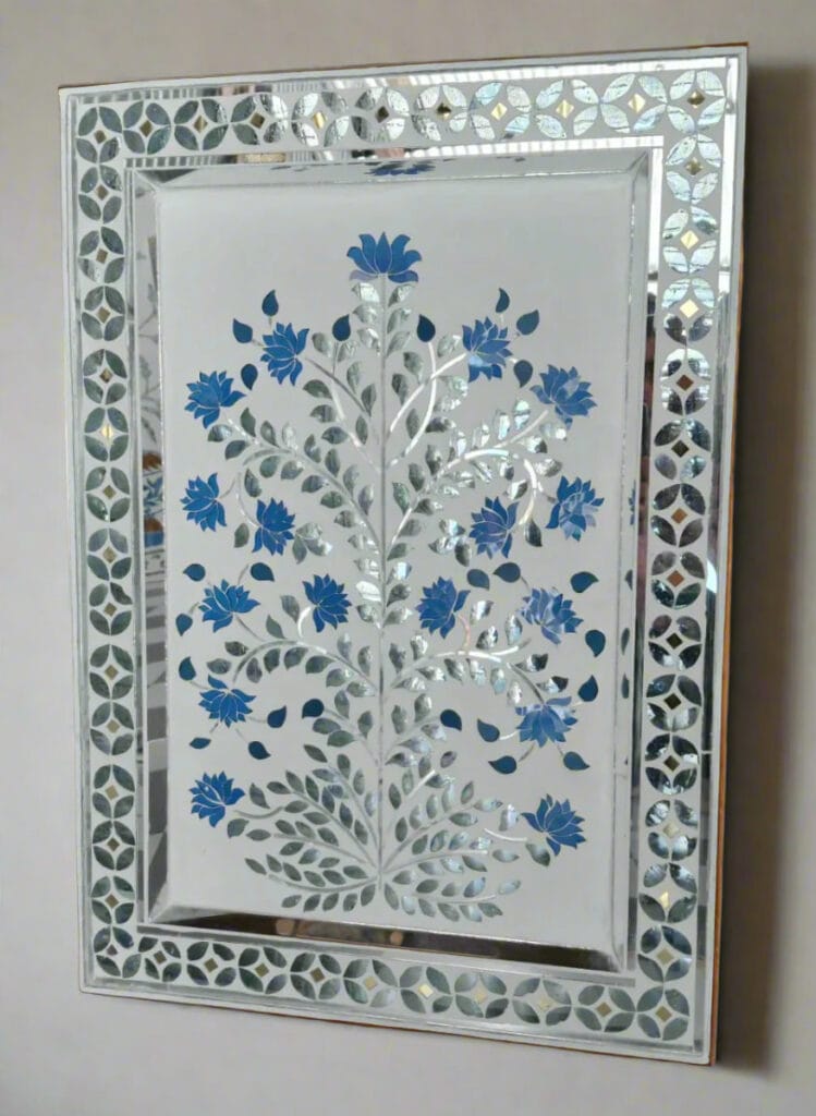 Handcrafted Blue Lotus Thikri Glass Wall Panel