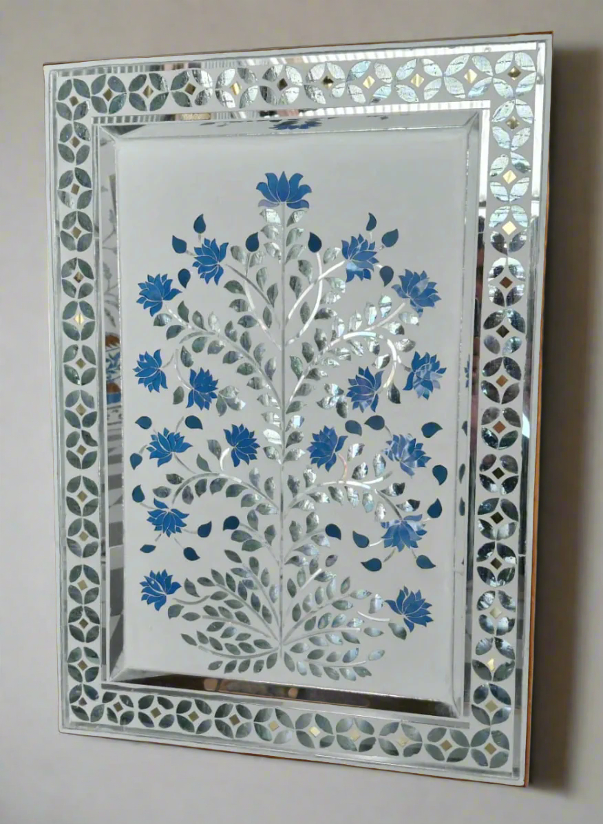 Handcrafted Blue Lotus Thikri Glass Wall Panel