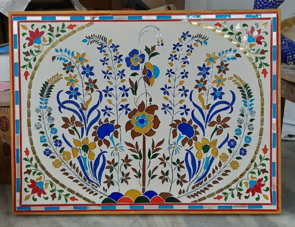Luxury handcrafted miniature stain color glass inlay artwork panel by Kraft Inlay.