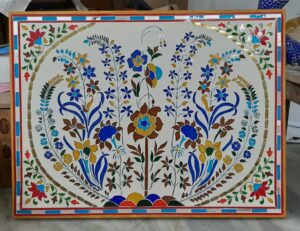 Handmade Thikri Glass Inlay Panel with Blue and Green Stain Colors