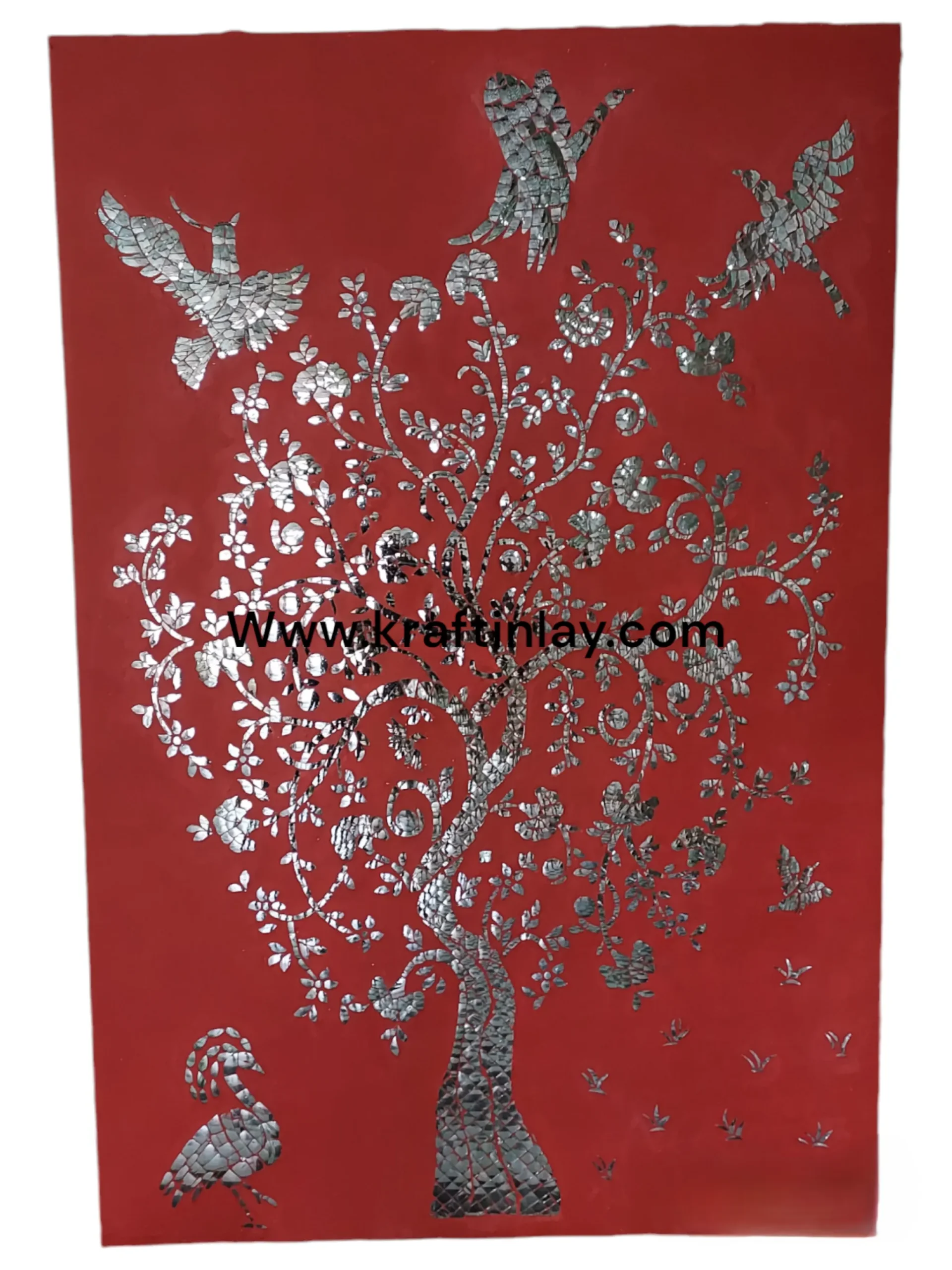 Red Base Thikri Art Work Wall Panel 3 Red base Thikri work wall panel with silver mirror inlay floral motifs.