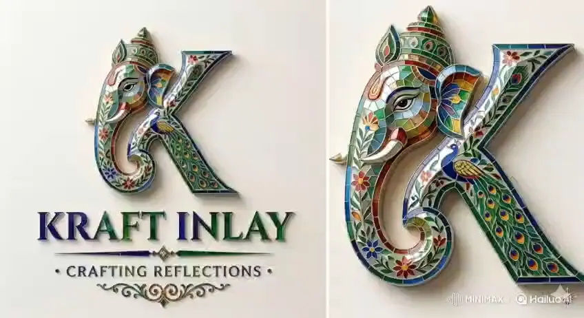Kraft Inlay brand logo featuring an ornate, traditional Rajasthani Thikri mirror work elephant design shaped like the letter K with the tagline Crafting Reflections.