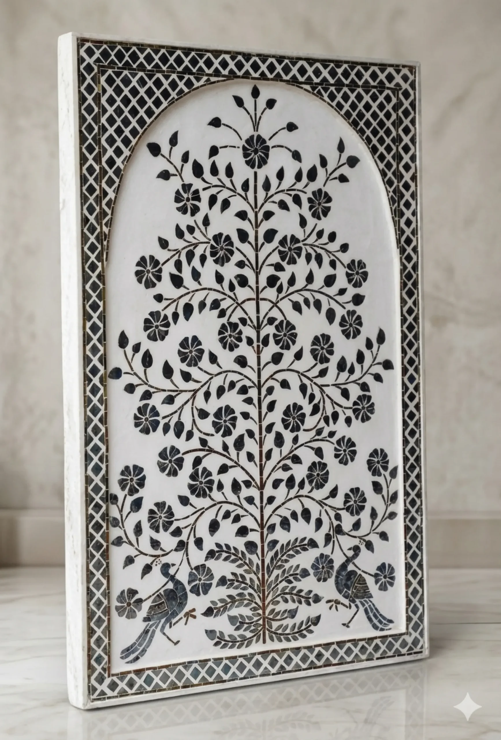 Handcrafted Thikri Glass Inlay Wall Panel 4 Handcrafted Thikri glass inlay wall panel featuring intricate floral mirror work art
