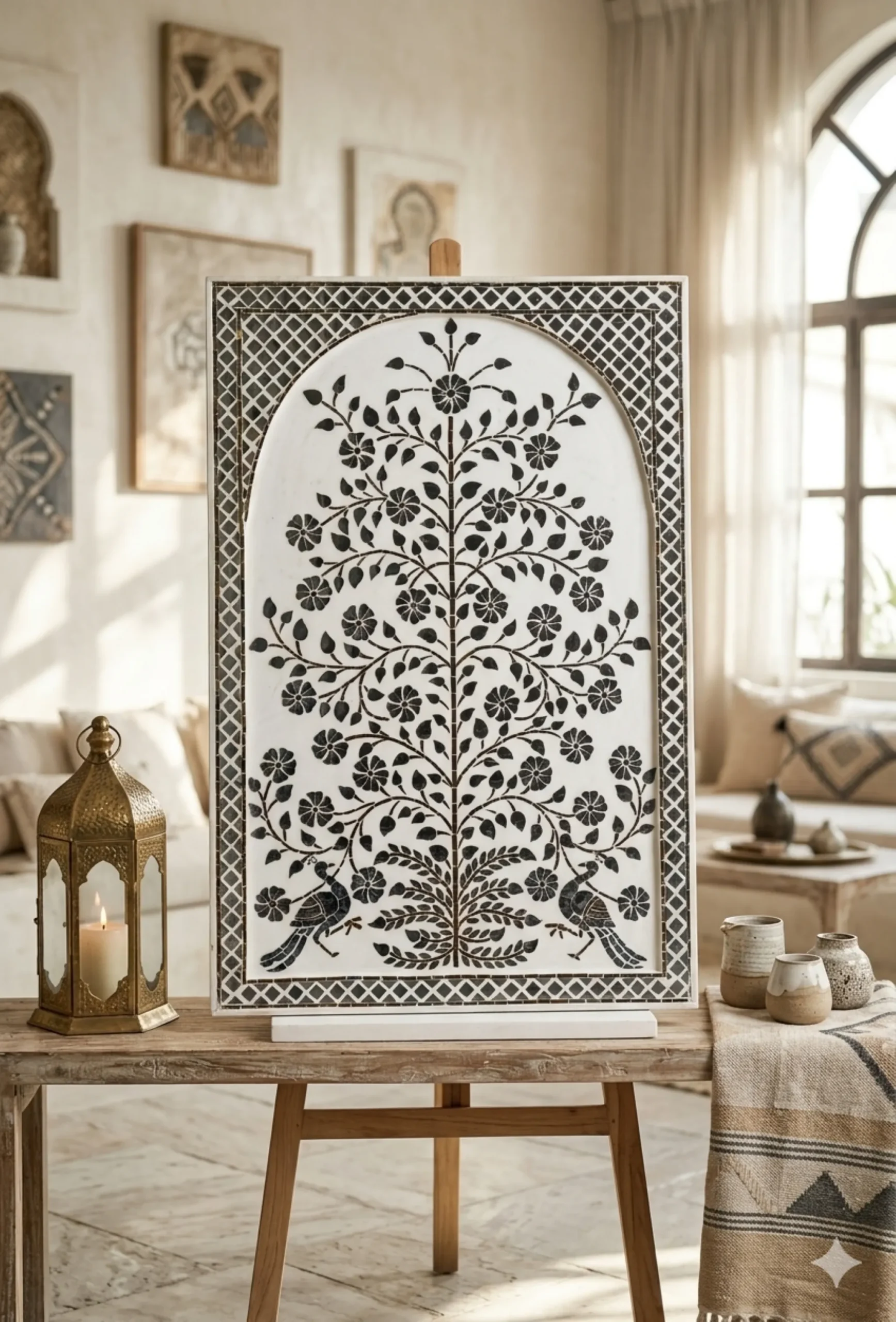 Handcrafted Thikri Glass Inlay Wall Panel 3 Handcrafted Thikri glass inlay wall panel featuring intricate floral mirror work art