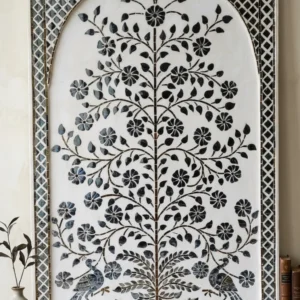 Handcrafted Thikri glass inlay wall panel featuring intricate floral mirror work art