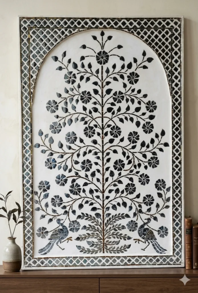 Handcrafted Thikri glass inlay wall panel featuring intricate floral mirror work art