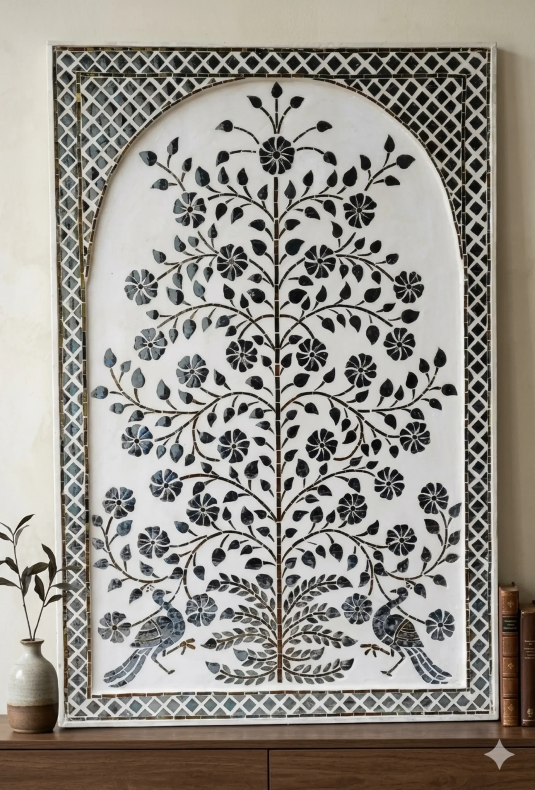 Handcrafted Thikri Glass Inlay Wall Panel 1 Handcrafted Thikri glass inlay wall panel featuring intricate floral mirror work art