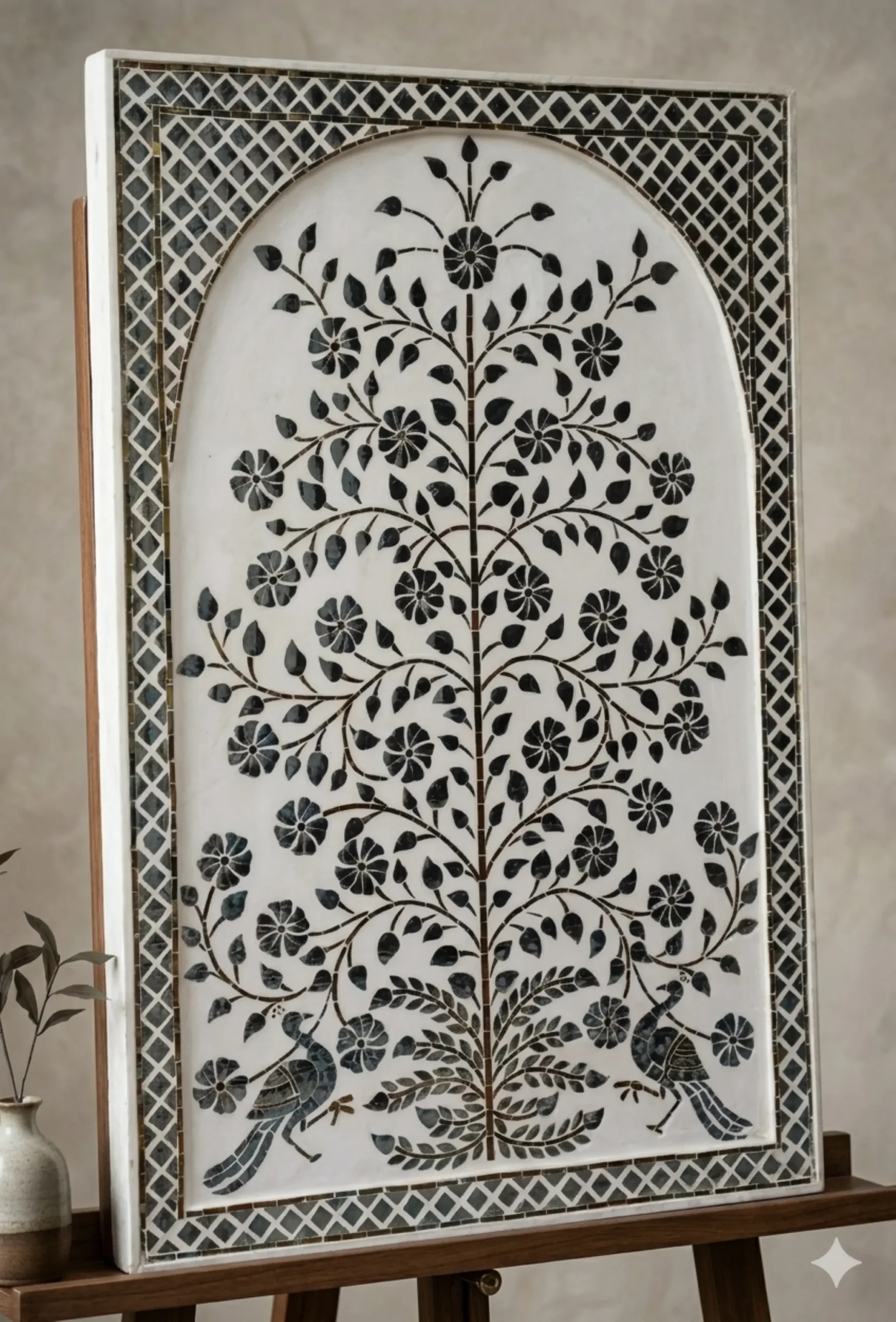 Handcrafted Thikri Glass Inlay Wall Panel 6 Handcrafted Thikri glass inlay wall panel featuring intricate floral mirror work art