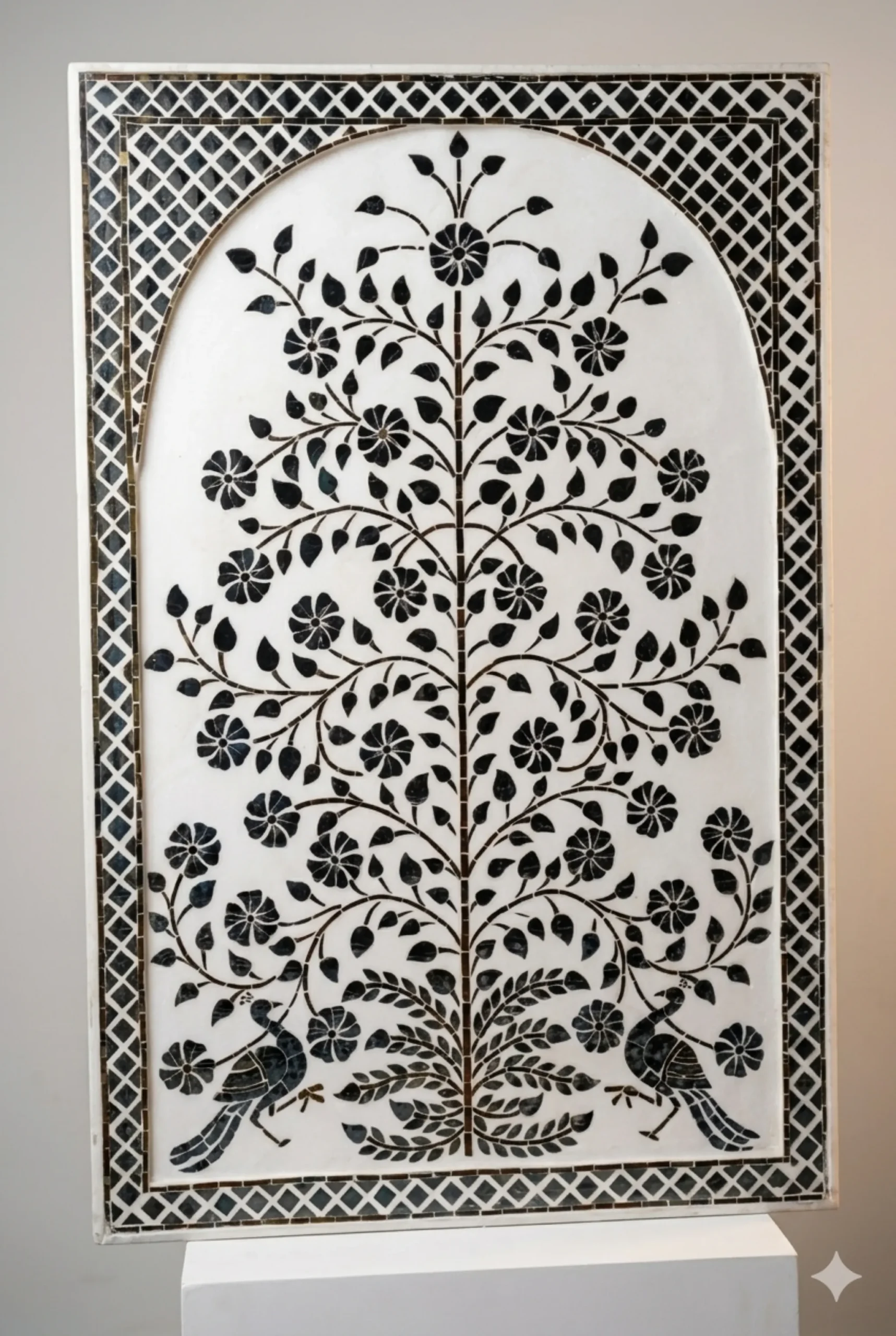 Handcrafted Thikri Glass Inlay Wall Panel 5 Handcrafted Thikri glass inlay wall panel featuring intricate floral mirror work art