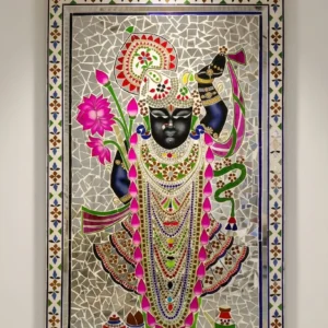 Handcrafted Lord Shreenathji Thikri Mirror & Stained Glass Inlay Wall Artwork Panel