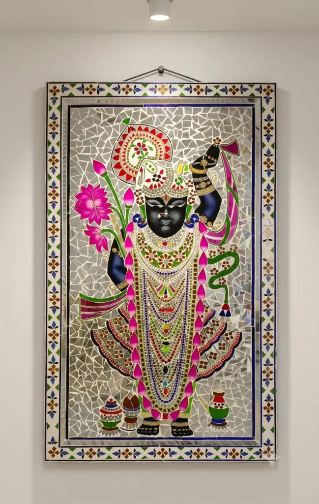 Handcrafted Lord Shreenathji Thikri Mirror & Stained Glass Inlay Wall Artwork Panel