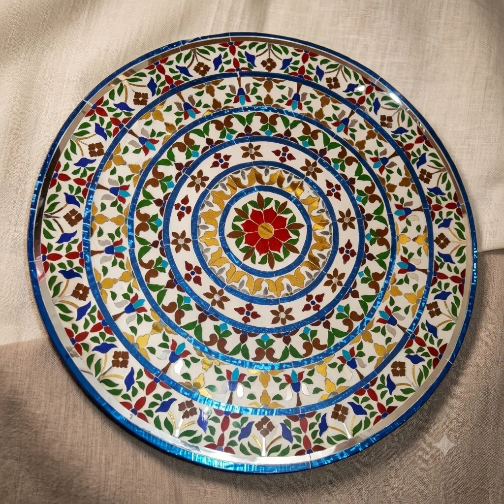 Handcrafted round colorful stained glass and mirror inlay tabletop featuring intricate floral mosaic artwork.